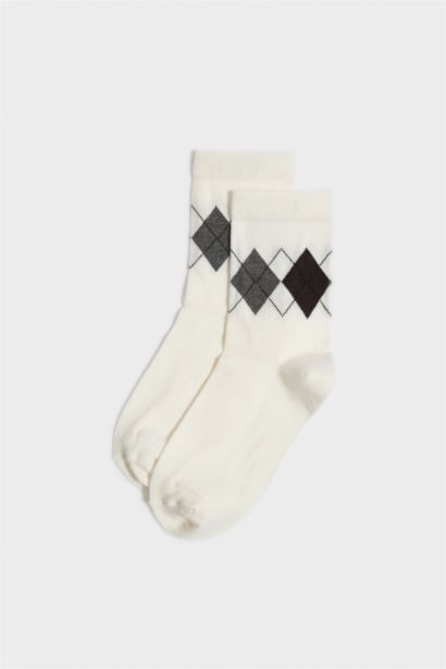 Woman 2 Piece Cotton Diamond Pattern Socks