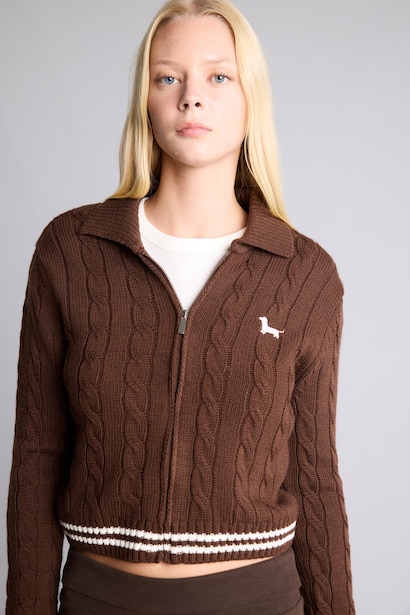 Regular Fit Braided Polo Collar Zip-Up Cardigan