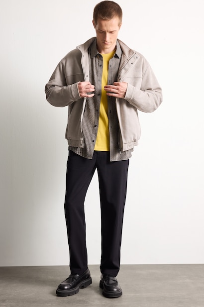 Oversize Stand Collar Plush Lining Suede Look Jacket