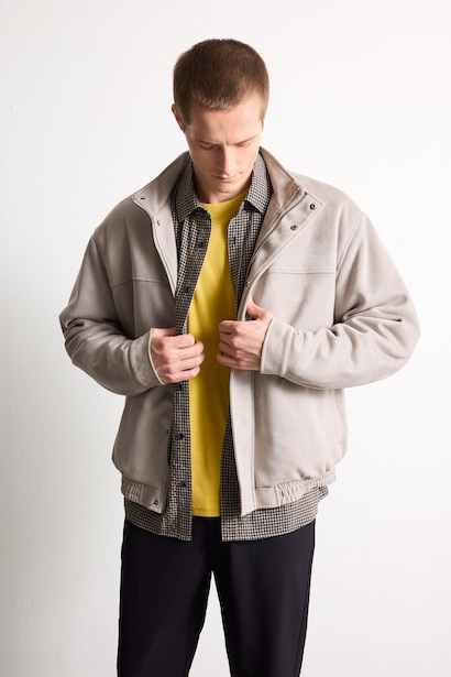 Oversize Stand Collar Plush Lining Suede Look Jacket