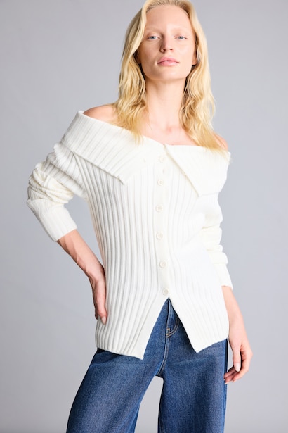 Regular Fit Basic Ribbed Knit Off-Shoulder Cardigan