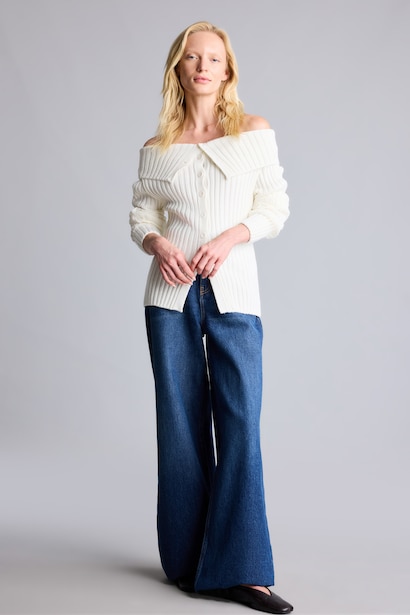 Regular Fit Basic Ribbed Knit Off-Shoulder Cardigan
