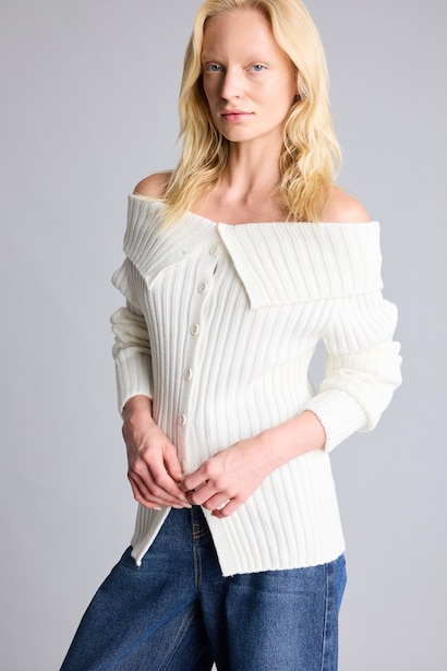 Regular Fit Basic Ribbed Knit Off-Shoulder Cardigan
