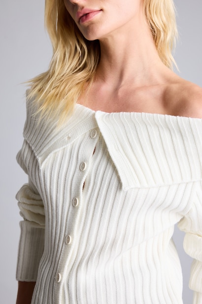Regular Fit Basic Ribbed Knit Off-Shoulder Cardigan