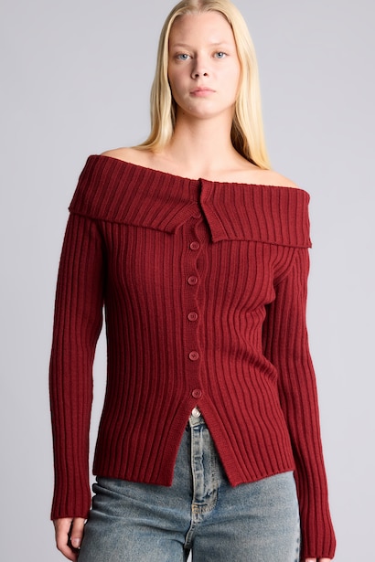 Regular Fit Basic Ribbed Knit Off-Shoulder Cardigan