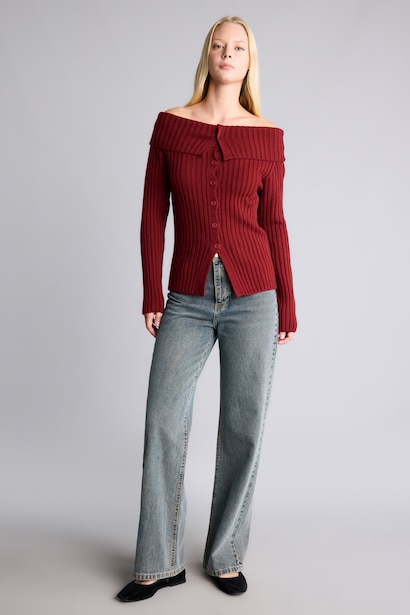 Regular Fit Basic Ribbed Knit Off-Shoulder Cardigan