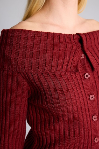 Regular Fit Basic Ribbed Knit Off-Shoulder Cardigan