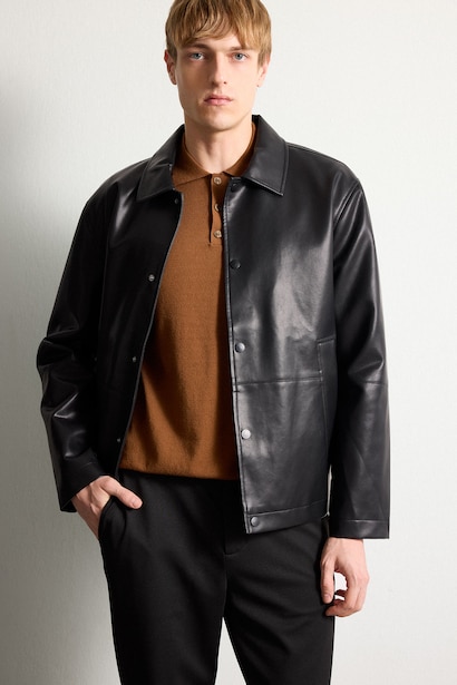 Snap Polo Collar Faux Leather Jacket