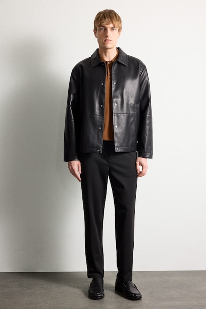 Snap Polo Collar Faux Leather Jacket