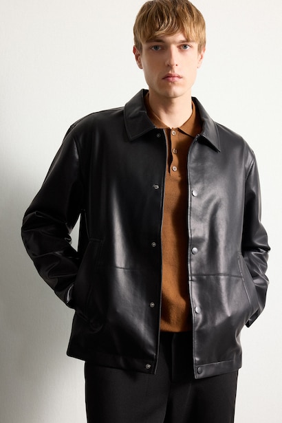Snap Polo Collar Faux Leather Jacket