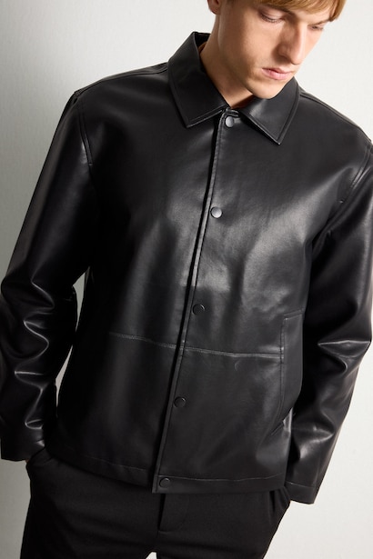 Snap Polo Collar Faux Leather Jacket