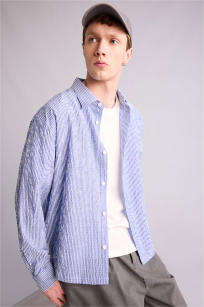 Boxy Fıt Gömlek Yaka Krinkıl Uzun Kollu Gömlek