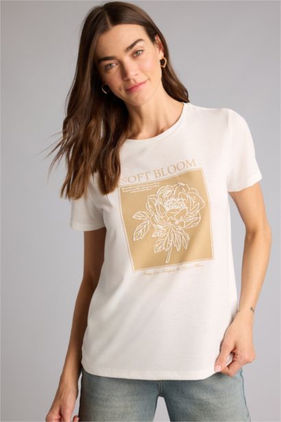 Regular Fıt Bisiklet Yaka Çiçekli Kısa Kollu Tişört