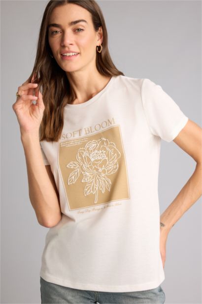 Regular Fıt Bisiklet Yaka Çiçekli Kısa Kollu Tişört