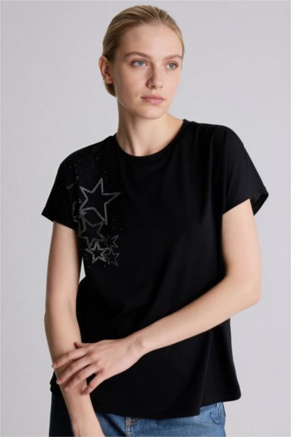 Bisiklet Yaka Taş Baskılı Kısa Kollu Tişört