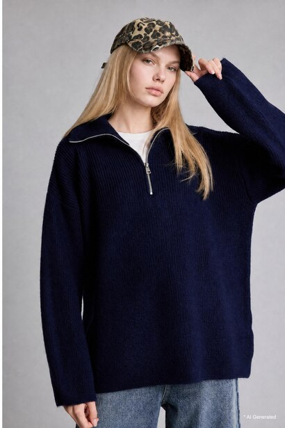 Oversize Fit Navy Blue Polo Collar Zip-Up Sweater