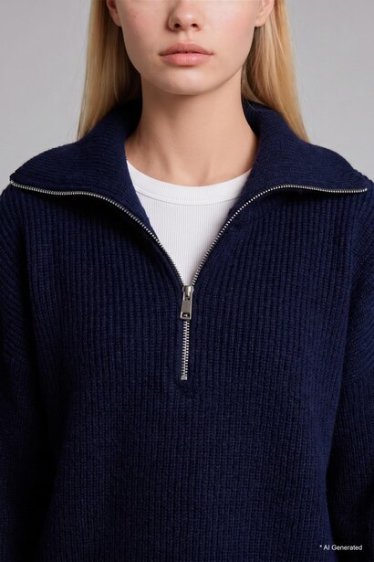 Oversize Fit Navy Blue Polo Collar Zip-Up Sweater