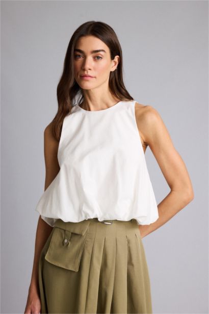 Balloon Fıt Bisiklet Yaka Poplin Kolsuz Bluz