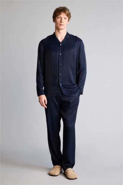 Regular Fıt Çizgili Uzun Kollu 2'li Viskon Takım