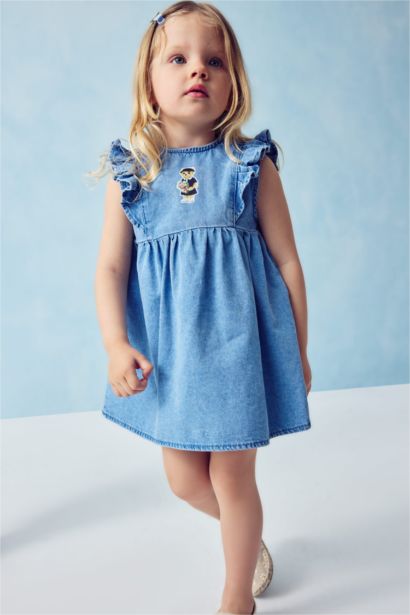 Ayıcıklı Kolsuz Jean Elbise Kız Bebek