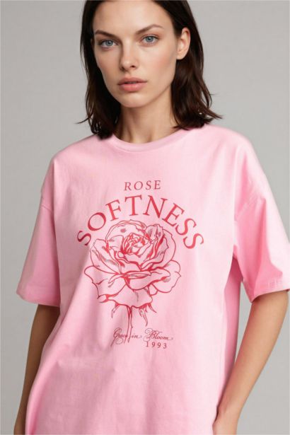 Anneler Günü Oversıze Bisiklet Yaka Çiçekli Penye Kısa Kollu Tişört