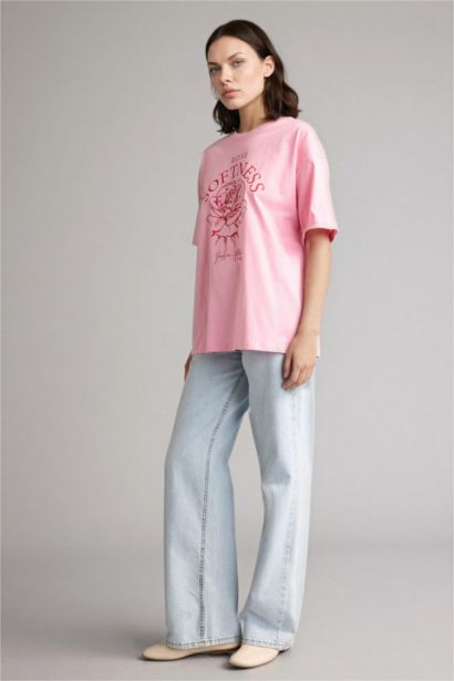 Anneler Günü Oversıze Bisiklet Yaka Çiçekli Penye Kısa Kollu Tişört