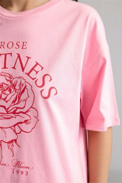 Anneler Günü Oversıze Bisiklet Yaka Çiçekli Penye Kısa Kollu Tişört