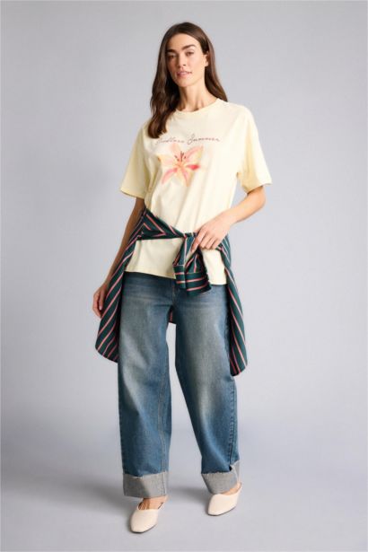 Anneler Günü Oversıze Bisiklet Yaka Fotoğraf Çiçekli Kısa Kollu Tişört