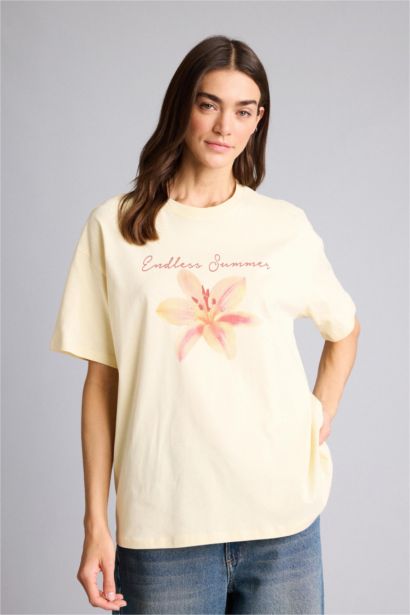 Anneler Günü Oversıze Bisiklet Yaka Fotoğraf Çiçekli Kısa Kollu Tişört