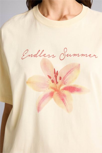 Anneler Günü Oversıze Bisiklet Yaka Fotoğraf Çiçekli Kısa Kollu Tişört