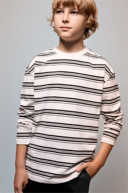T-shirt oversize rayé à manches longues et col rond 100% coton pour garçon