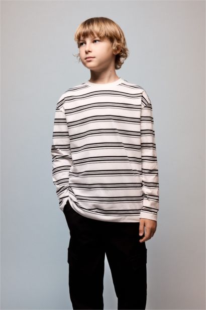 T-shirt oversize rayé à manches longues et col rond 100% coton pour garçon