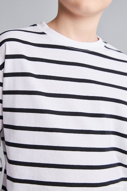 Boy Oversize Fit 100% Cotton Rayé Crew Neck Long Sleeve T-Shirt