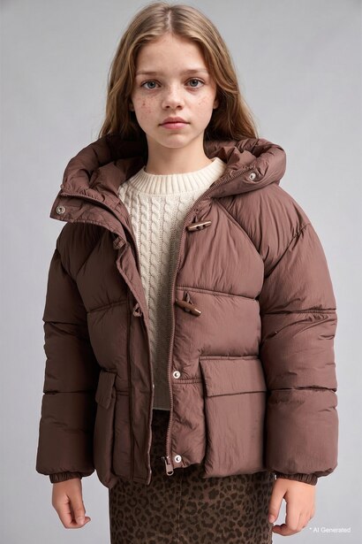 Girl Water-Repellent with Duffle Buttons Hooded Puffer Jacket