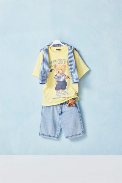 Regular Fıt Bisiklet Yaka Ayıcıklı Kısa Kollu Tişört