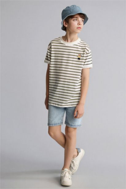 Regular Fıt Bisiklet Yaka Ayı Baskılı Kısa Kollu Tişört Erkek Çocuk