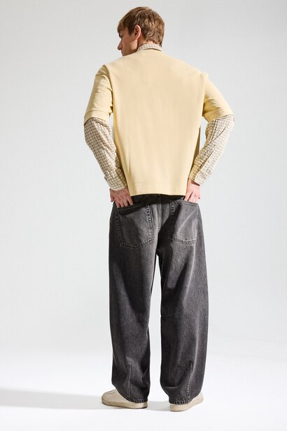 %100 Pamuk Baggy Fit Yıkamalı Jean Pantolon