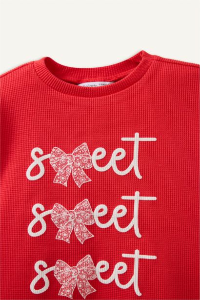 Bisiklet Yaka Slogan Baskılı Waffle Uzun Kollu Tişört Kız Bebek