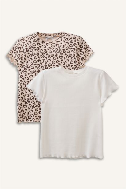 Bisiklet Yaka Leopar Desenli Fitilli Kaşkorse 2'li Uzun Kollu Tişört Kız Bebek
