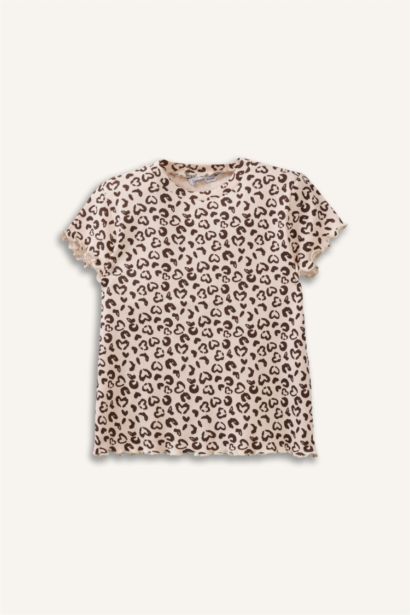 Bisiklet Yaka Leopar Desenli Fitilli Kaşkorse 2'li Uzun Kollu Tişört Kız Bebek