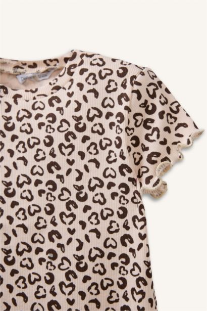 Bisiklet Yaka Leopar Desenli Fitilli Kaşkorse 2'li Uzun Kollu Tişört Kız Bebek
