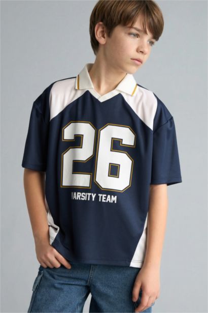 Oversıze Apaş Yaka Tül Kısa Kollu Polo Tişört Erkek Çocuk