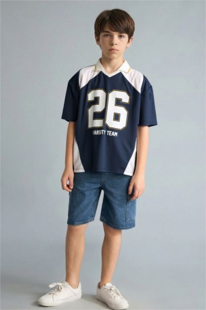 Oversıze Apaş Yaka Tül Kısa Kollu Polo Tişört Erkek Çocuk