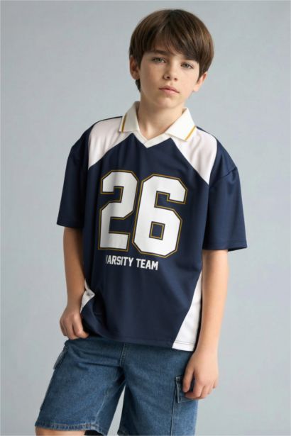 Oversıze Apaş Yaka Tül Kısa Kollu Polo Tişört Erkek Çocuk