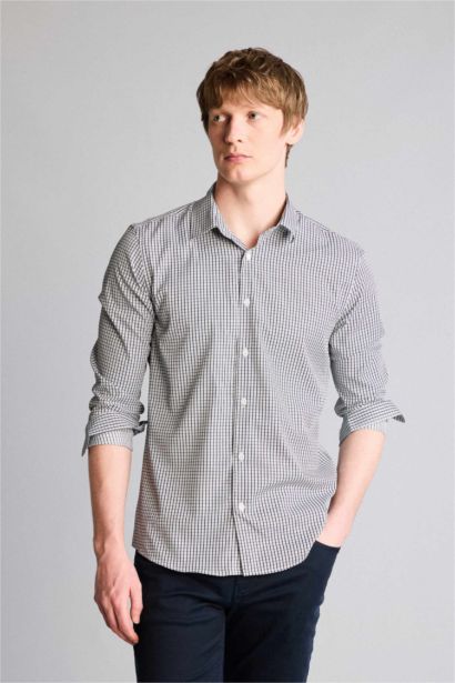 Slım Fıt Gömlek Yaka Baskılı Poplin Uzun Kollu Gömlek