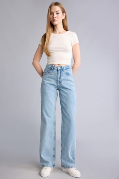 Straıght Wıde Yüksek Bel Jean Yıkamalı Pantolon