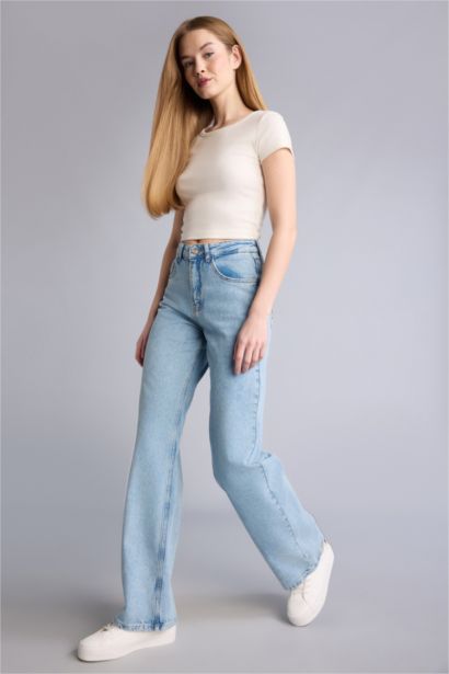 Straıght Wıde Yüksek Bel Jean Yıkamalı Pantolon