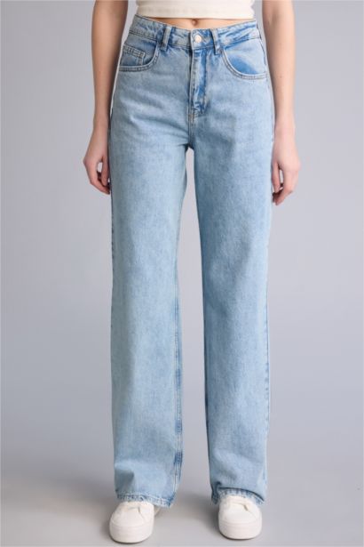 Straıght Wıde Yüksek Bel Jean Yıkamalı Pantolon