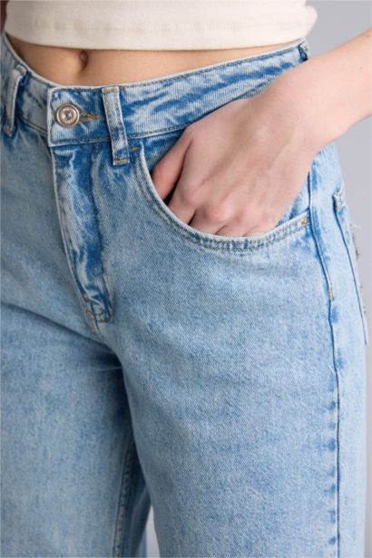 Straıght Wıde Yüksek Bel Jean Yıkamalı Pantolon