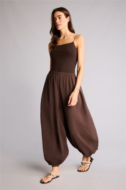 Balloon Fıt Beli Lastikli Düz Paça Modal Pantolon